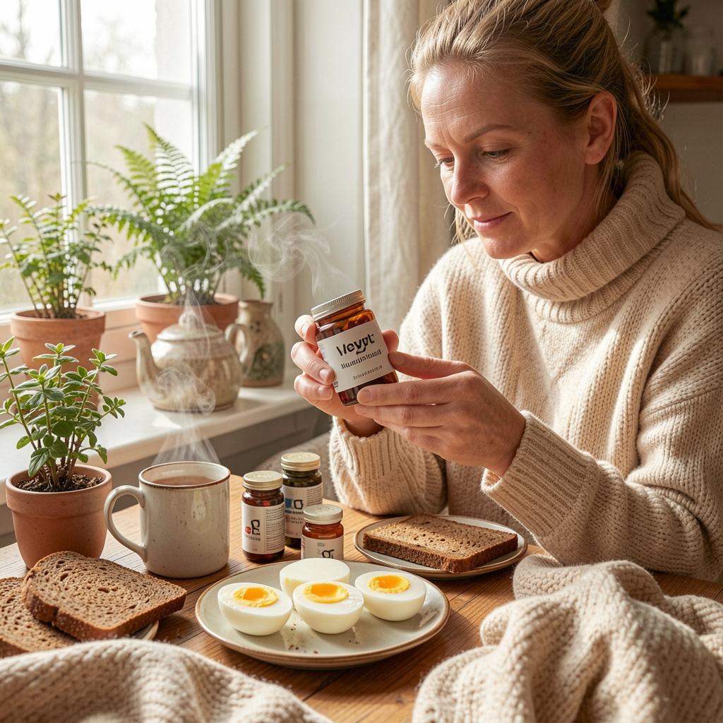 Norwegian professional taking heart health supplements with healthy breakfast as part of morning wellness routine