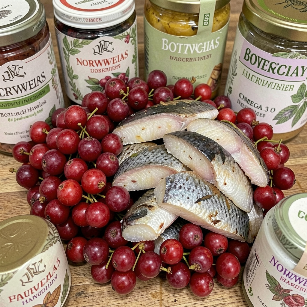 Fresh Norwegian hawthorn berries, omega-3 rich fish, and botanical ingredients used in premium cardiovascular supplement formula